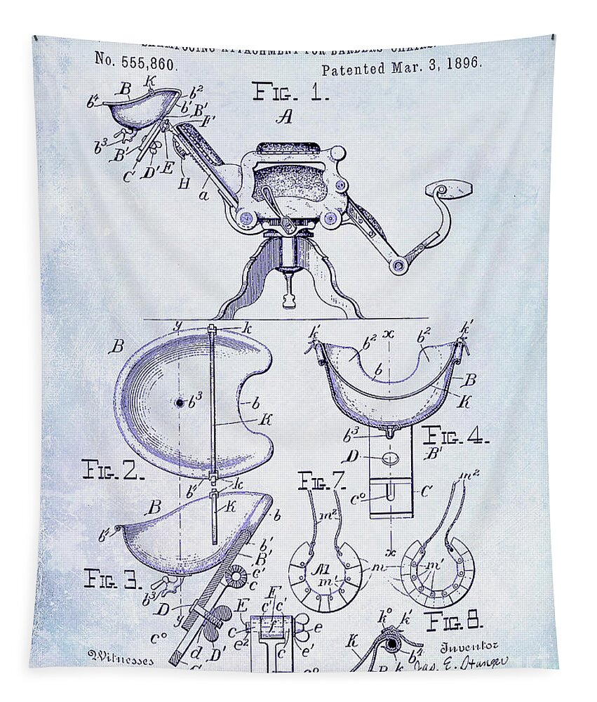 Barber Chair Patent Drawing Blueprint Tapestry featuring the photograph 1896 Barbers Chair Patent Blueprint by Jon Neidert