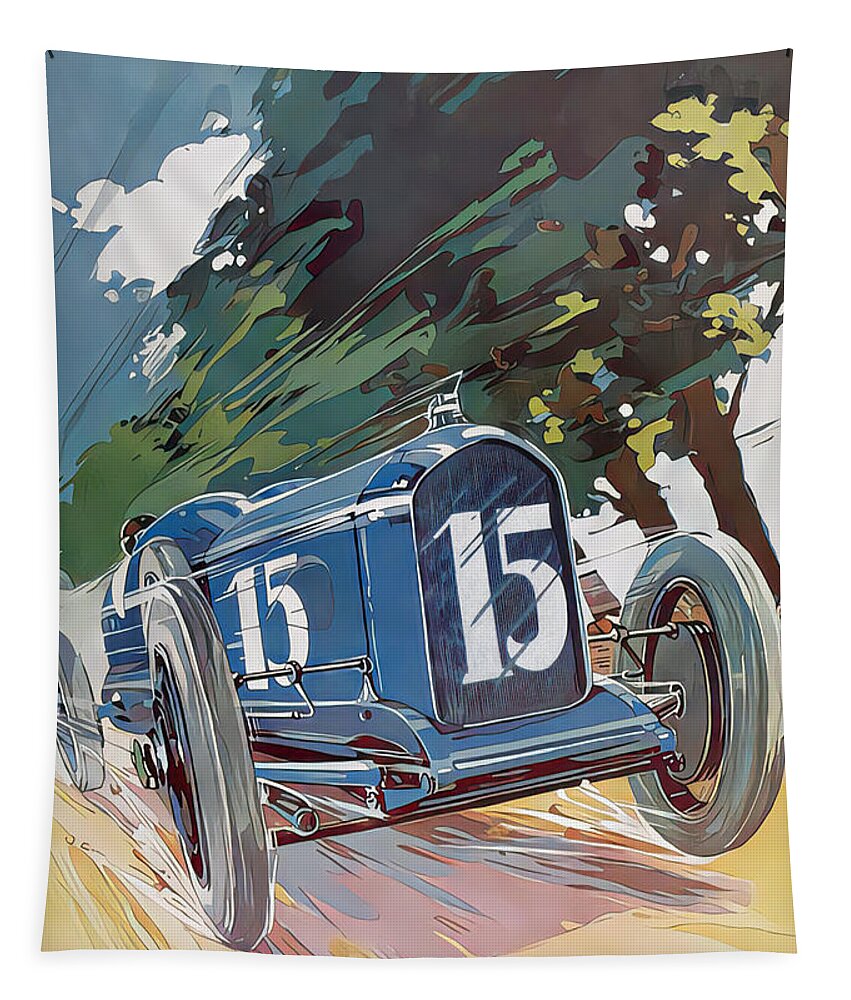 Vintage Tapestry featuring the mixed media 1924 Racing Car At Speed Country Road Original French Art Deco Illustration by Roger Soubie