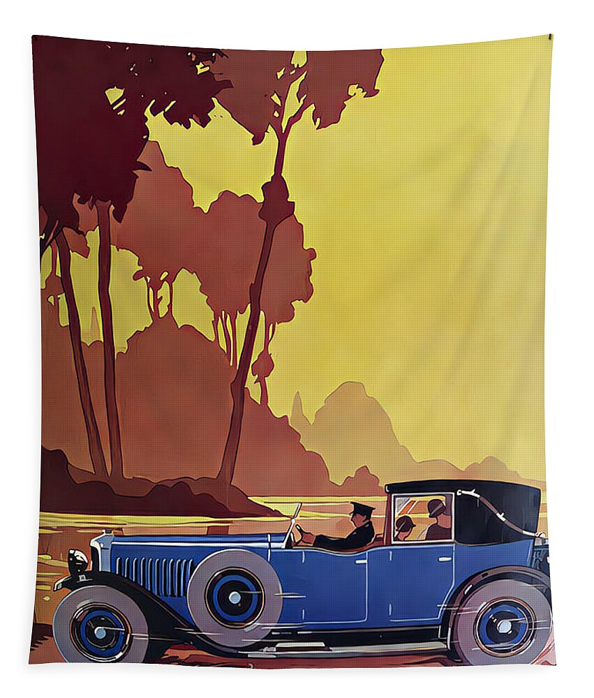 Vintage Tapestry featuring the mixed media 1926 Town Car With Driver And Occupants Lakeside Setting 1927 Farmer And Tractor Field Setting Original French Art Deco Illustration by Retrographs