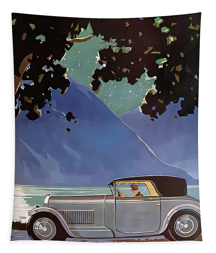Vintage Tapestry featuring the mixed media 1928 Delage Woman Driver In Elegant Lakeside Setting Original French Art Deco Illustration by Retrographs