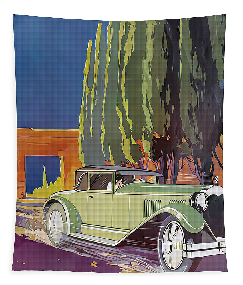 Vintage Tapestry featuring the mixed media 1928 Lorraine Coupe At Speed With Woman Driver Country Road Original French Art Deco Illustration by Retrographs