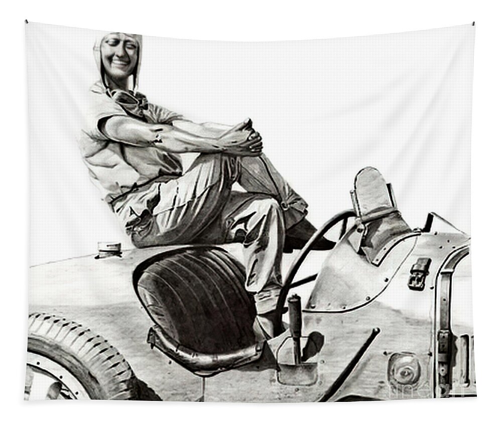 Vintage Tapestry featuring the photograph 1928 Woman Racer With Bugatti T35b by Retrographs