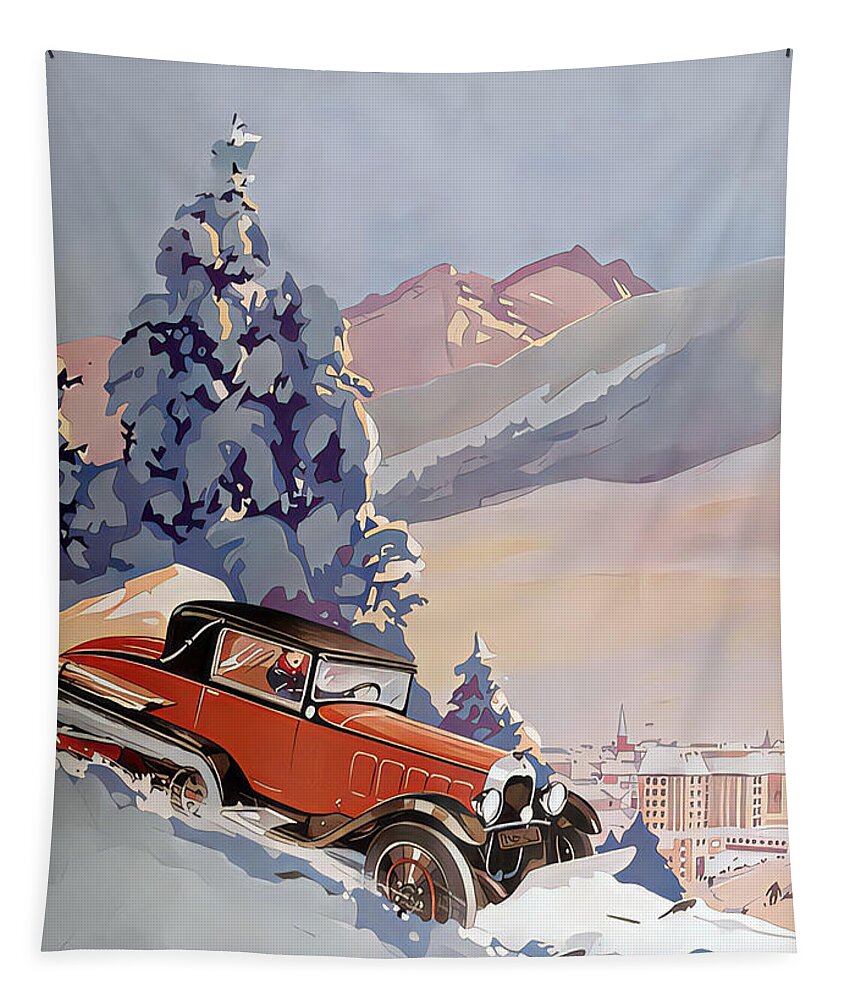 Vintage Tapestry featuring the mixed media 1932 Chrysler Coupe Snow Plowing Alpine Mountain Original French Art Deco Illustration by Retrographs
