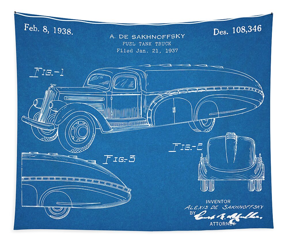 1937 White Fuel Tanker Truck Patent Print Tapestry featuring the drawing 1937 White Fuel Tanker Truck Blueprint Patent Print by Greg Edwards