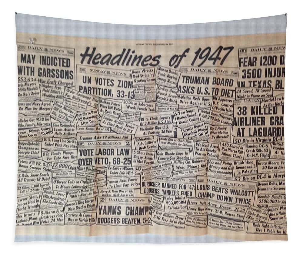 Headlines Tapestry featuring the photograph 1947 Headlines by Marty Klar