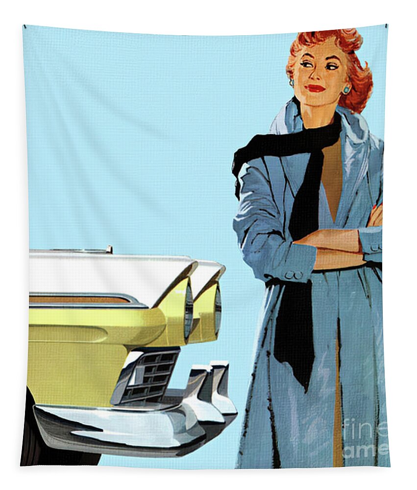 Vintage Tapestry featuring the mixed media 1950s Fashion Model With Ford Fairlane by Retrographs