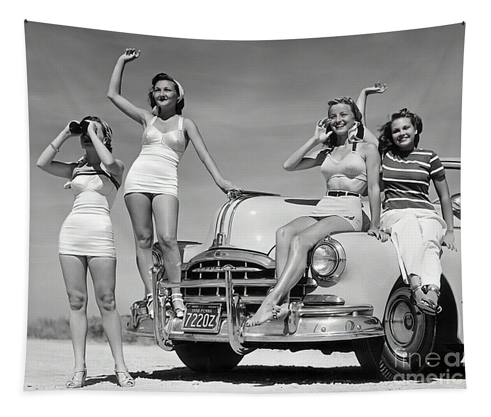 Vintage Tapestry featuring the photograph 1950s Group Of Four Women In Bathing Suits With Convertible by Retrographs