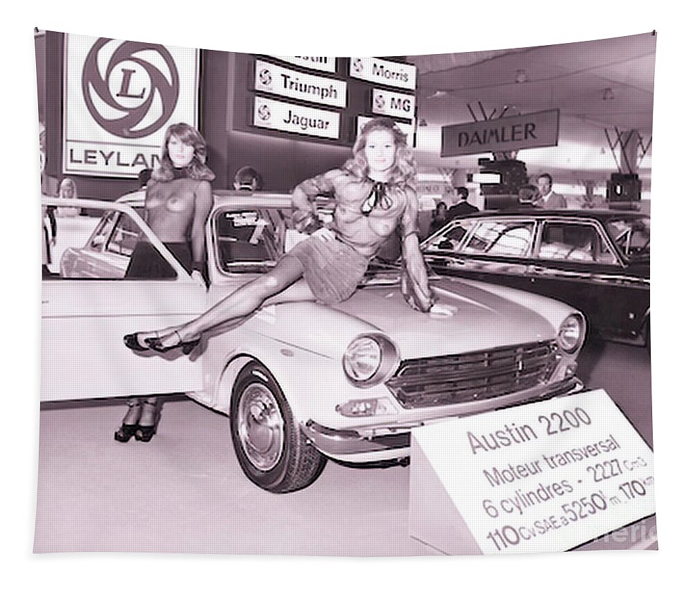 Vintage Tapestry featuring the photograph 1960s Motor Show Austin 2200 With Women In See Thru Clothes by Retrographs