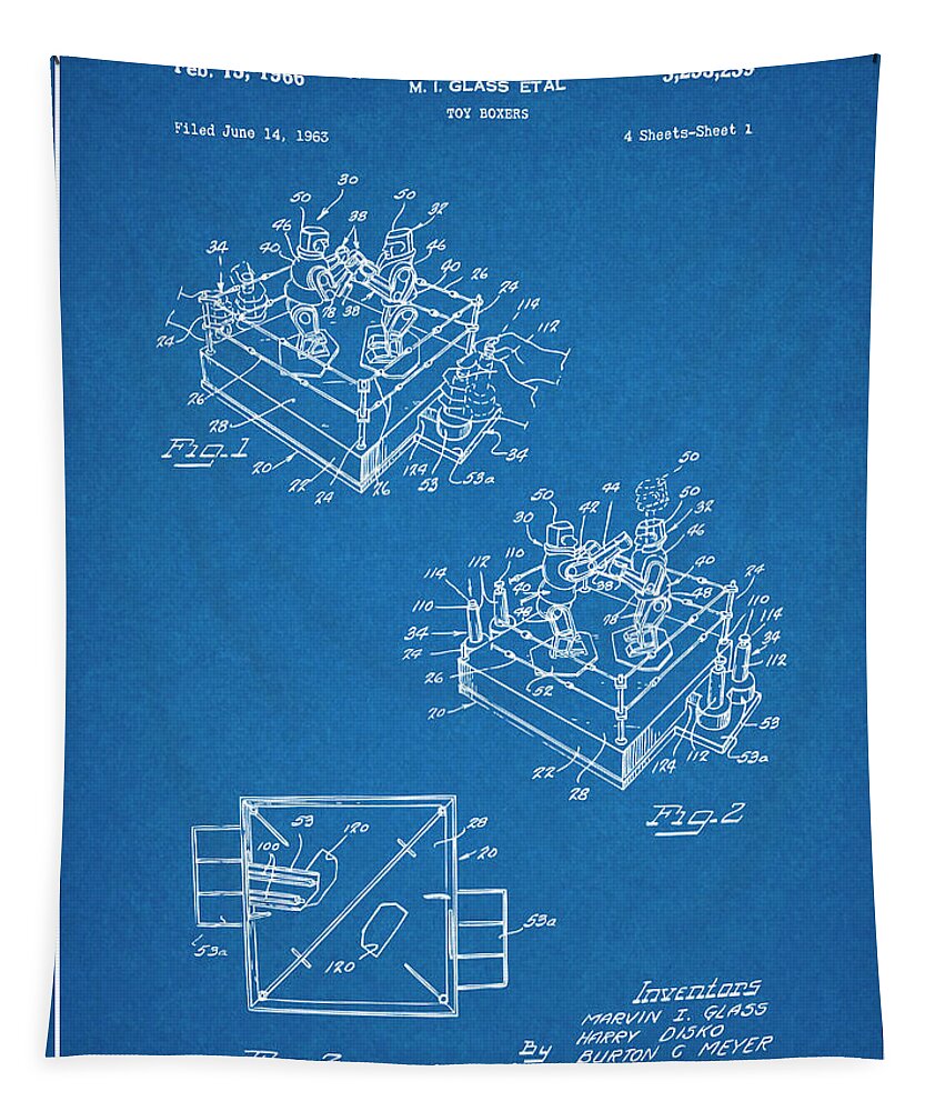 1963 Rock Em Sock Em Robots Boxing Game Patent Print Tapestry featuring the drawing 1963 Rock Em Sock Em Robots Boxing Game Patent Print Blueprint by Greg Edwards