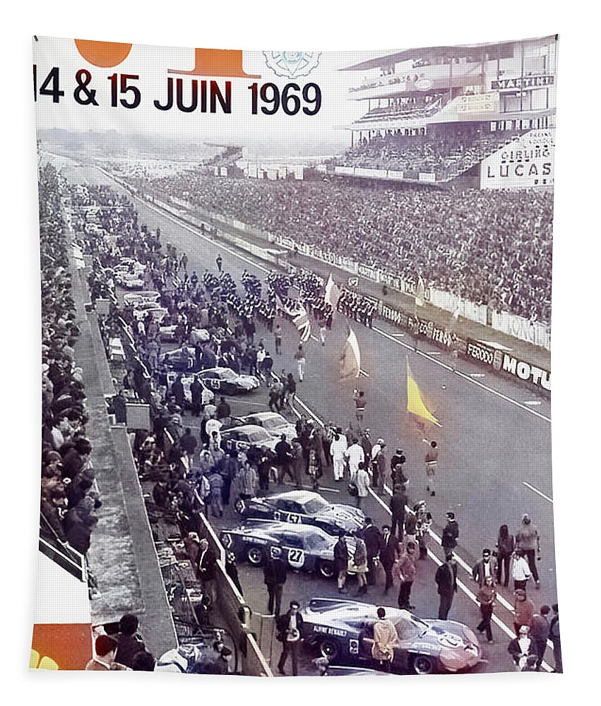 Vintage Tapestry featuring the mixed media 1969 Heures Du Mans 24-hour Race Poster by Retrographs