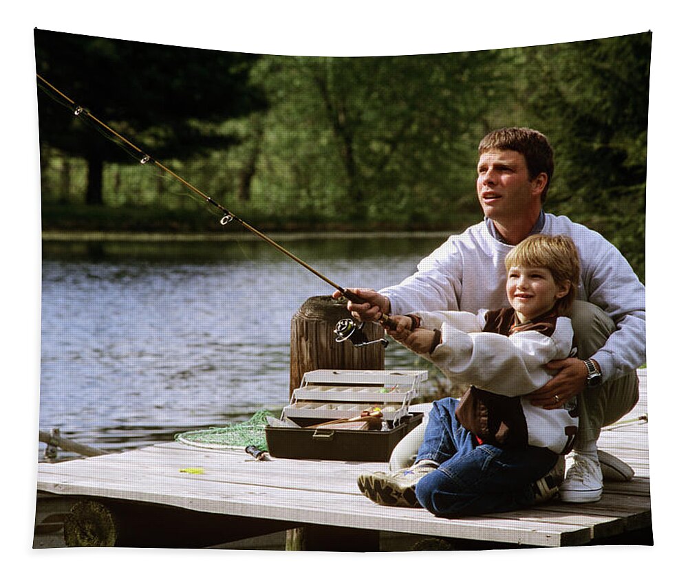 1990s Father And Son Fishing On Dock Tapestry by Vintage Images