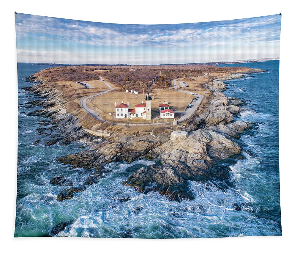 Beaver Tail Lighthouse Tapestry featuring the photograph Beaver Tail Lighthouse #2 by Veterans Aerial Media LLC