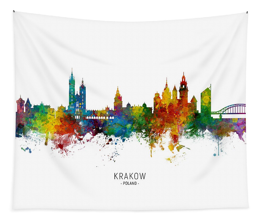Krakow Tapestry featuring the digital art Krakow Poland Skyline by Michael Tompsett