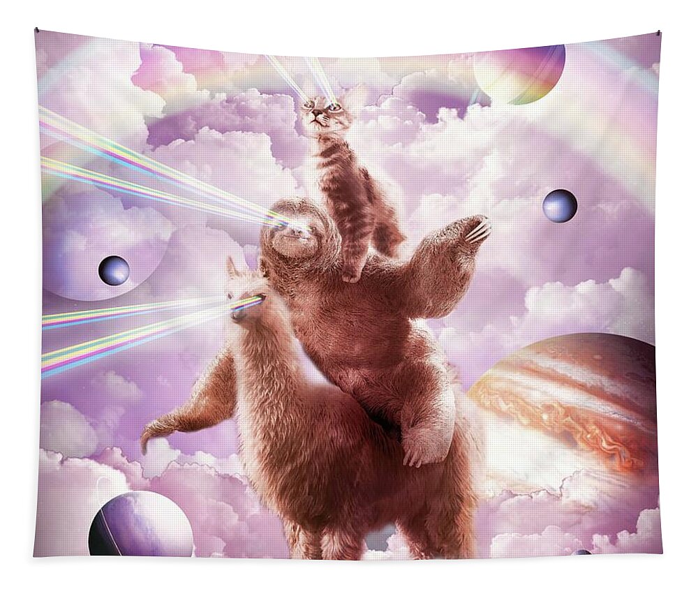 Laser Eyes Space Cat Riding Sloth, Llama - Rainbow #2 Tapestry