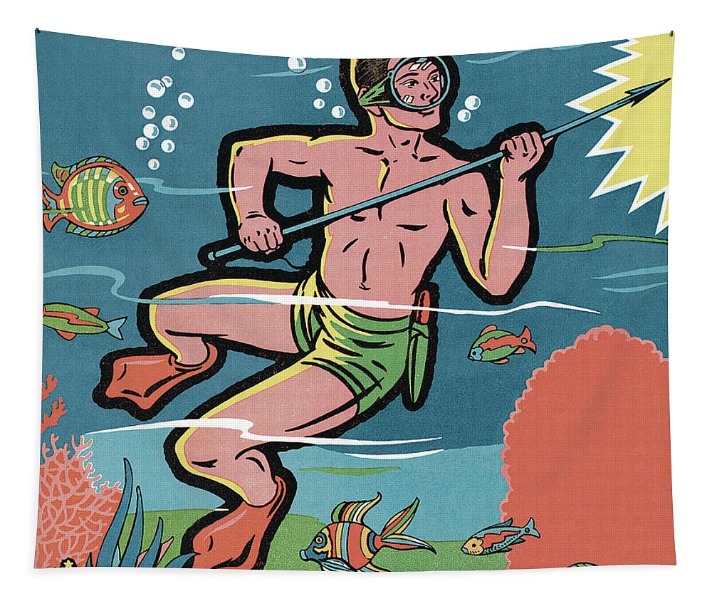 Activity Tapestry featuring the drawing Man Deep Sea Diving #2 by CSA Images