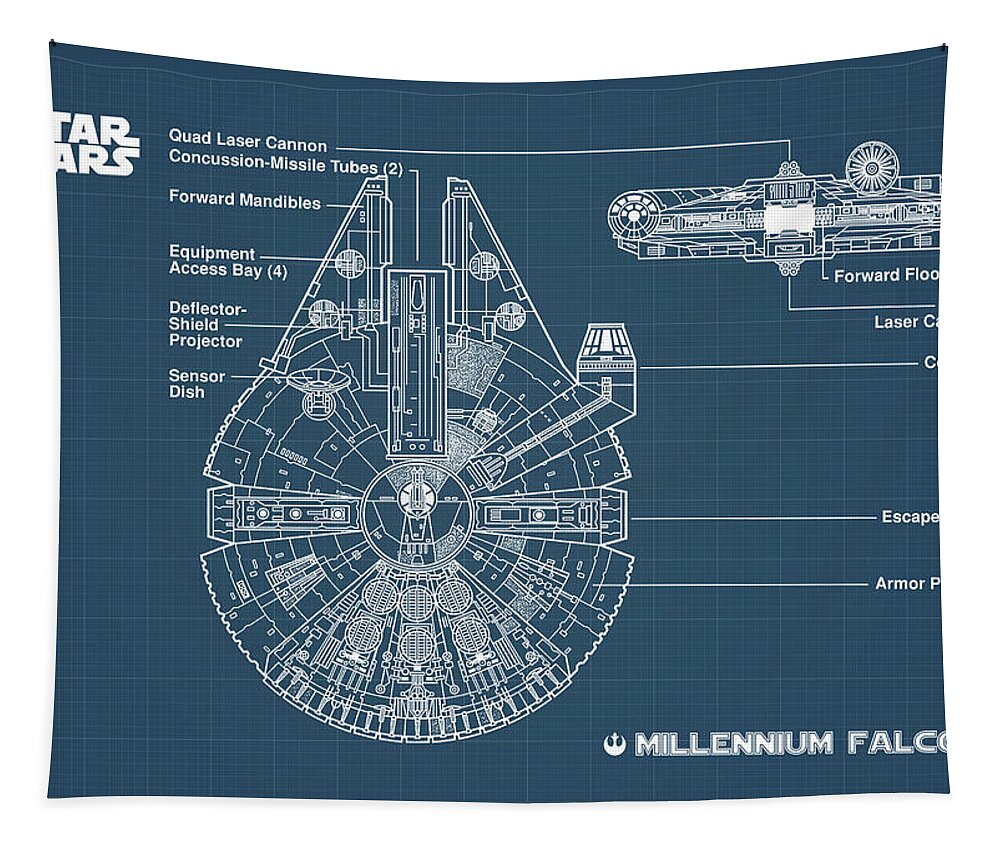 Star Wars Tapestry featuring the digital art MILLENNIUM FALCON blueprint #3 by Dennson Creative