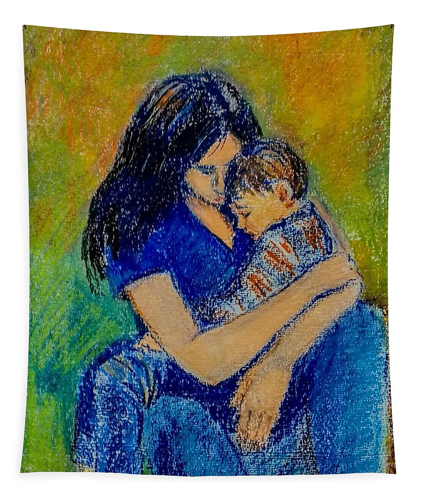 Oil Pastel Tapestry featuring the drawing Mother #2 by Asha Sudhaker Shenoy