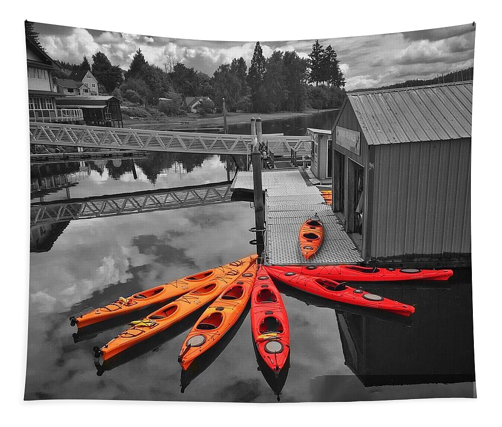 Kayaks Tapestry featuring the photograph Orange Kayaks #2 by Jerry Abbott