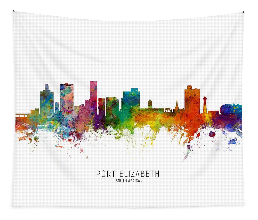 Port Elizabeth Tapestry featuring the digital art Port Elizabeth South Africa Skyline #2 by Michael Tompsett