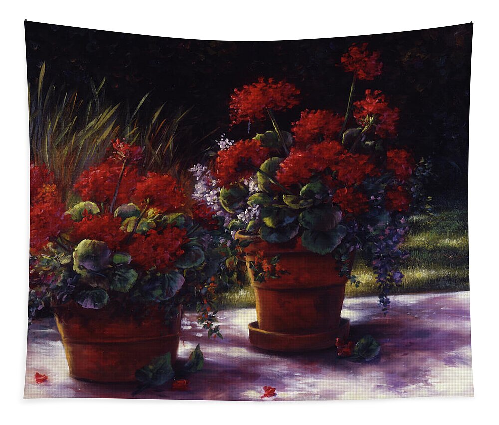 Red Tapestry featuring the painting Red Geranium Pots by Lynne Pittard