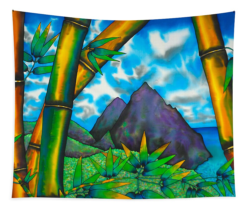 Pitons Tapestry featuring the painting St. Lucia Pitons by Daniel Jean-Baptiste