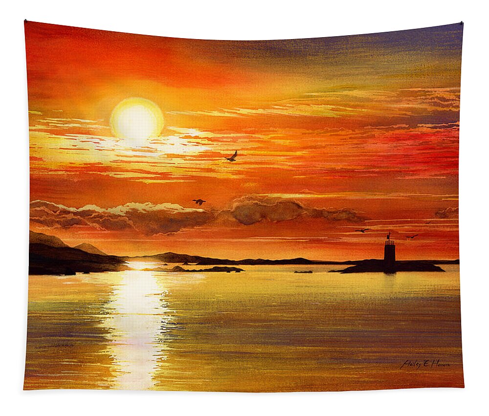 Sunset Tapestry featuring the painting Sunset Lake by Hailey E Herrera