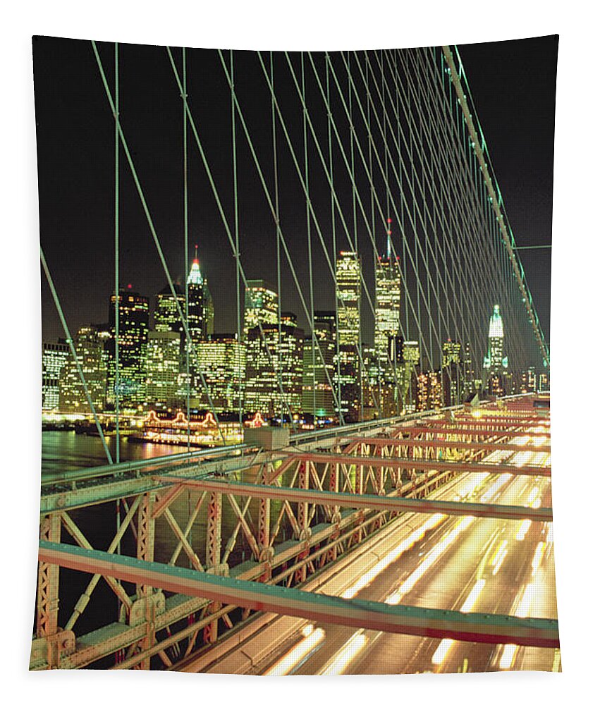 View Of Brooklyn Bridge And The Financial District Manhattan New York Usa Tapestry