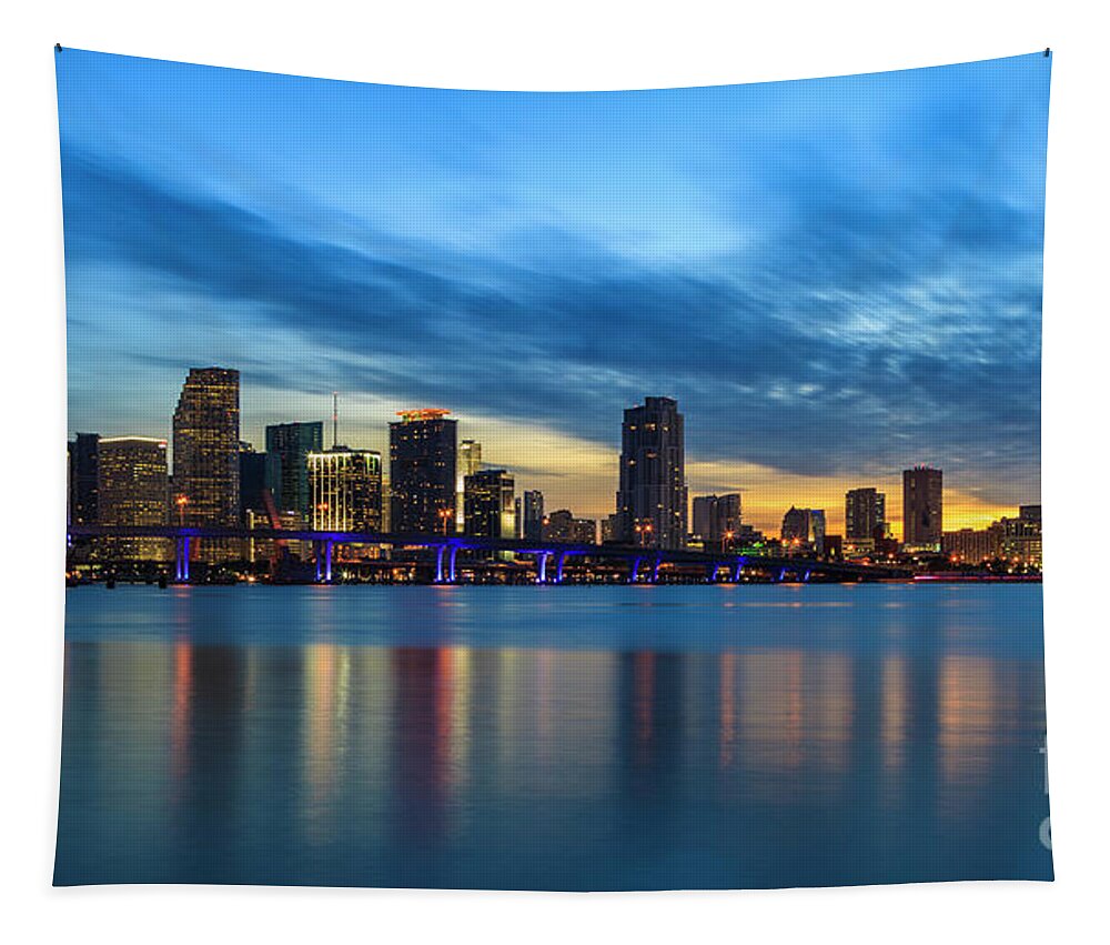 Biscayne Bay Tapestry featuring the photograph Miami Sunset Skyline by Raul Rodriguez