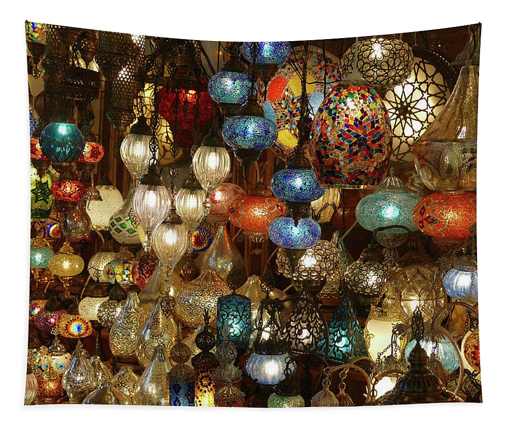Grand Bazaar Tapestry featuring the photograph Exquisite glass lamps and lanterns in the Grand Bazaar #3 by Steve Estvanik