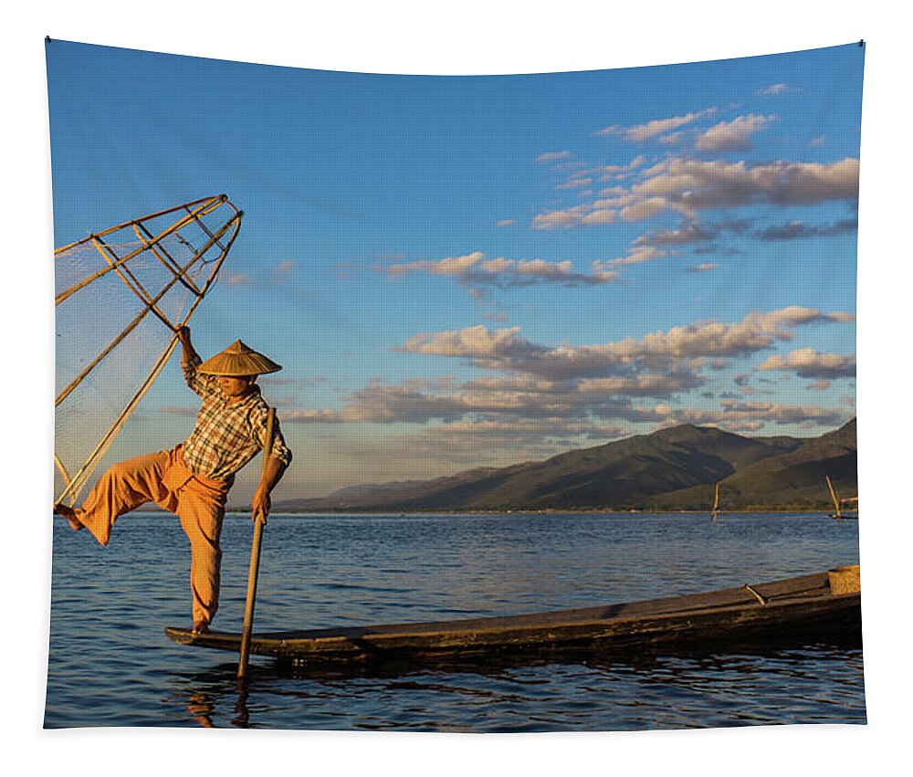 Fisherman Tapestry featuring the photograph Intha fisherman on Lake Inle in Myanmar #4 by Ann Moore