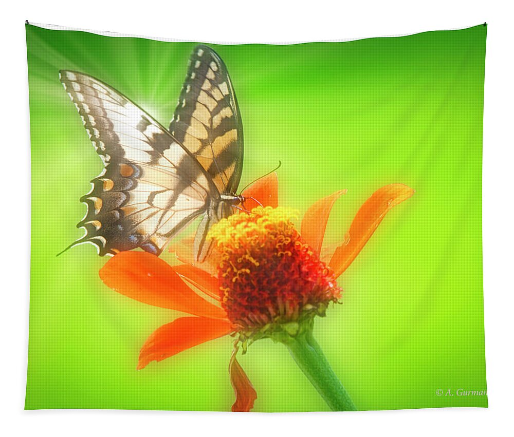 Entomology Tapestry featuring the digital art Tiger Swallowtail Butterfly, Zinnia Flower #3 by A Macarthur Gurmankin