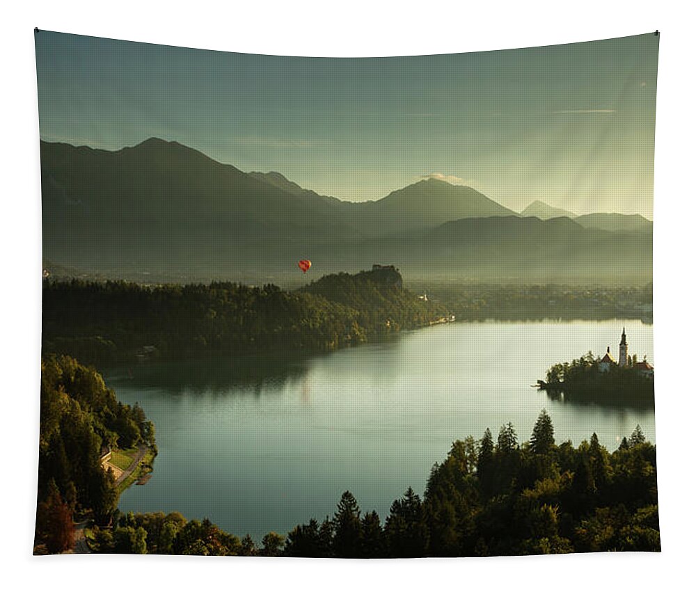 Bled Tapestry featuring the photograph View of Lake Bled from Ojstrica #3 by Ian Middleton