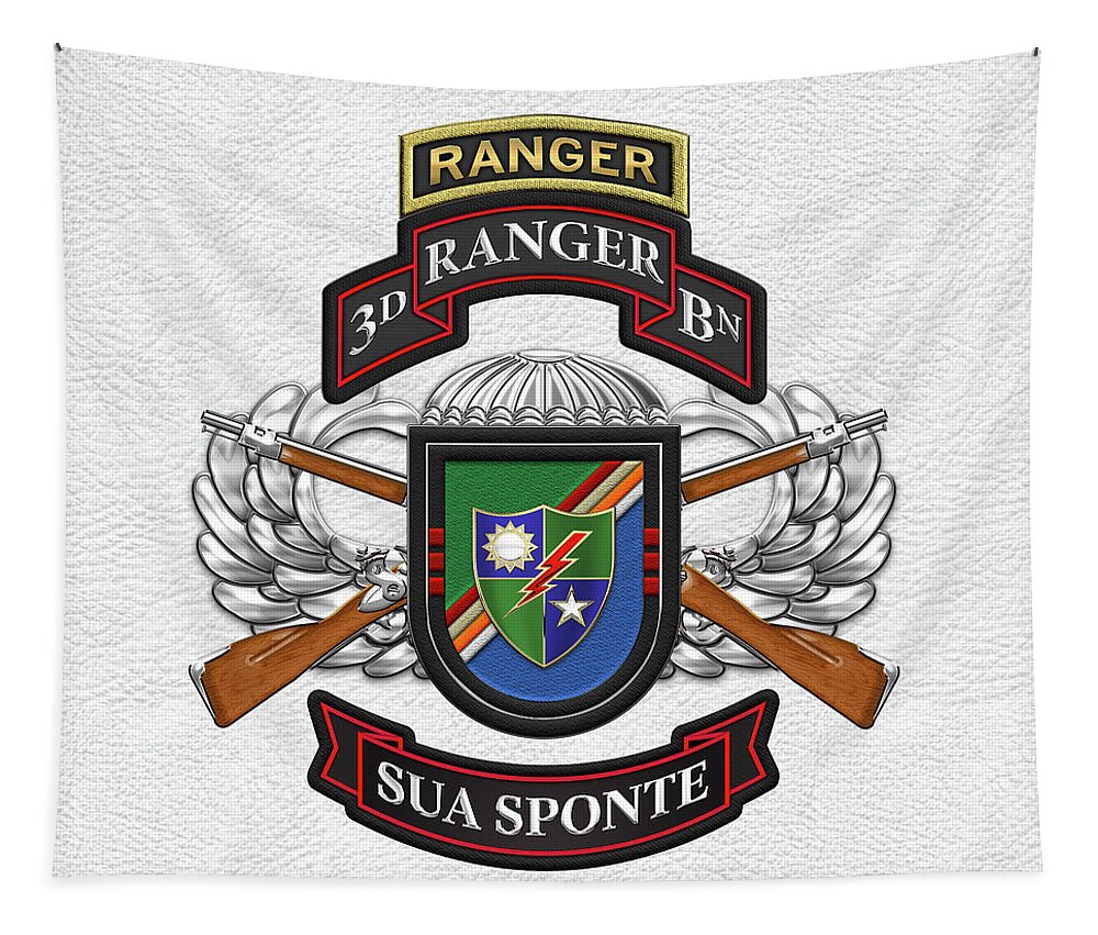  Military Insignia & Heraldry By Serge Averbukh Tapestry featuring the digital art 3rd Ranger Battalion- Army Rangers Special Edition over White Leather by Serge Averbukh