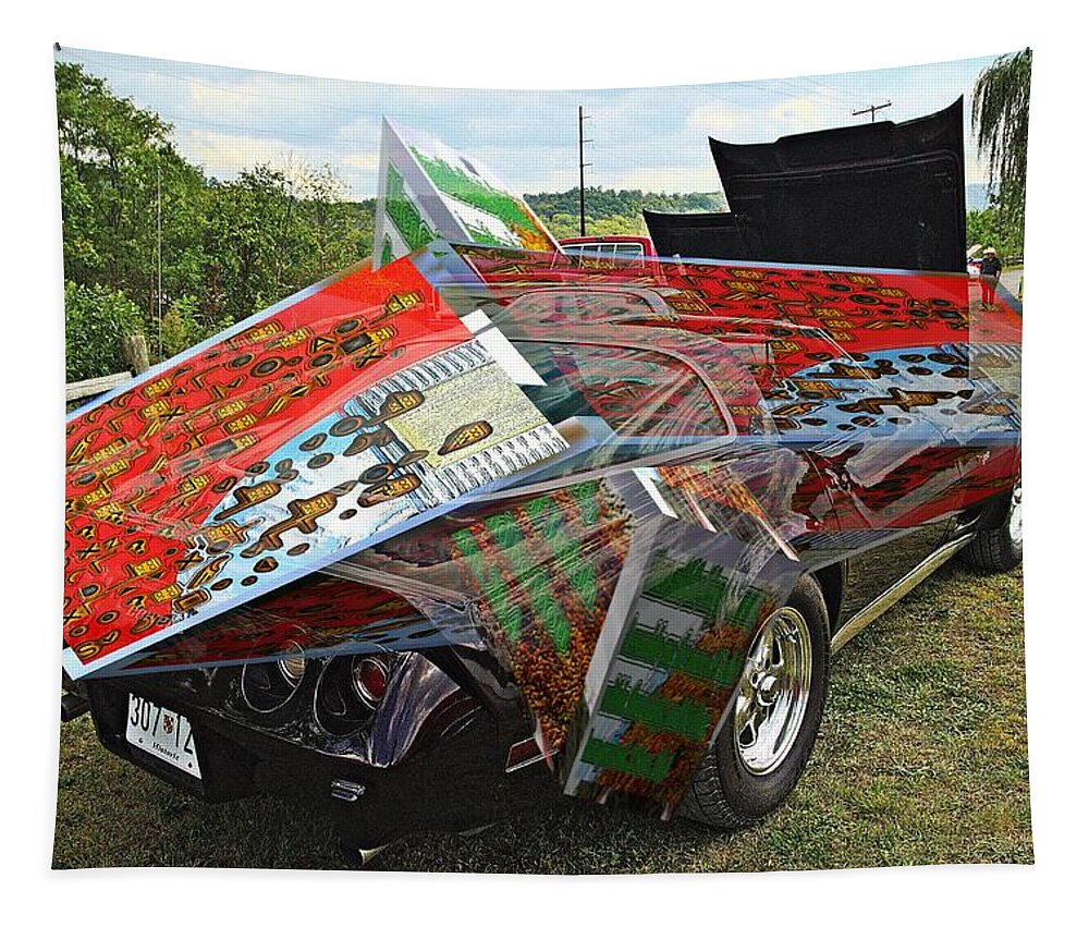 Cars Tapestry featuring the digital art Old car with 3D text boxes #4 by Karl Rose