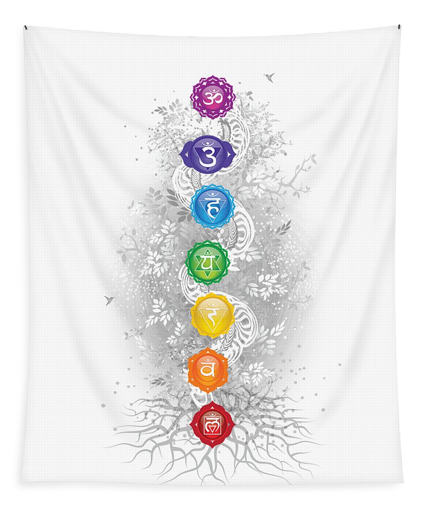 Seven Chakra Symbols Tapestry featuring the digital art 7 Chakra Tree Of Life by Serena King
