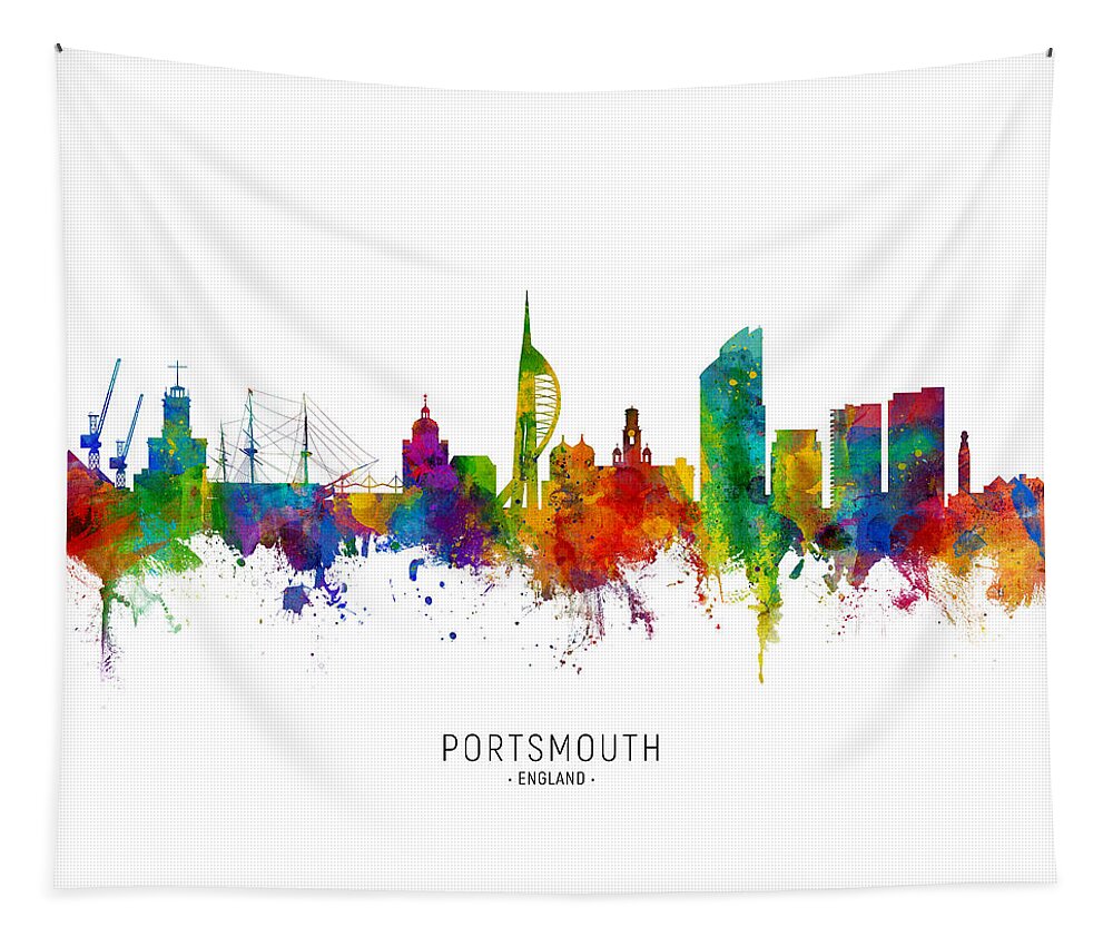 Portsmouth Tapestry featuring the digital art Portsmouth England Skyline by Michael Tompsett