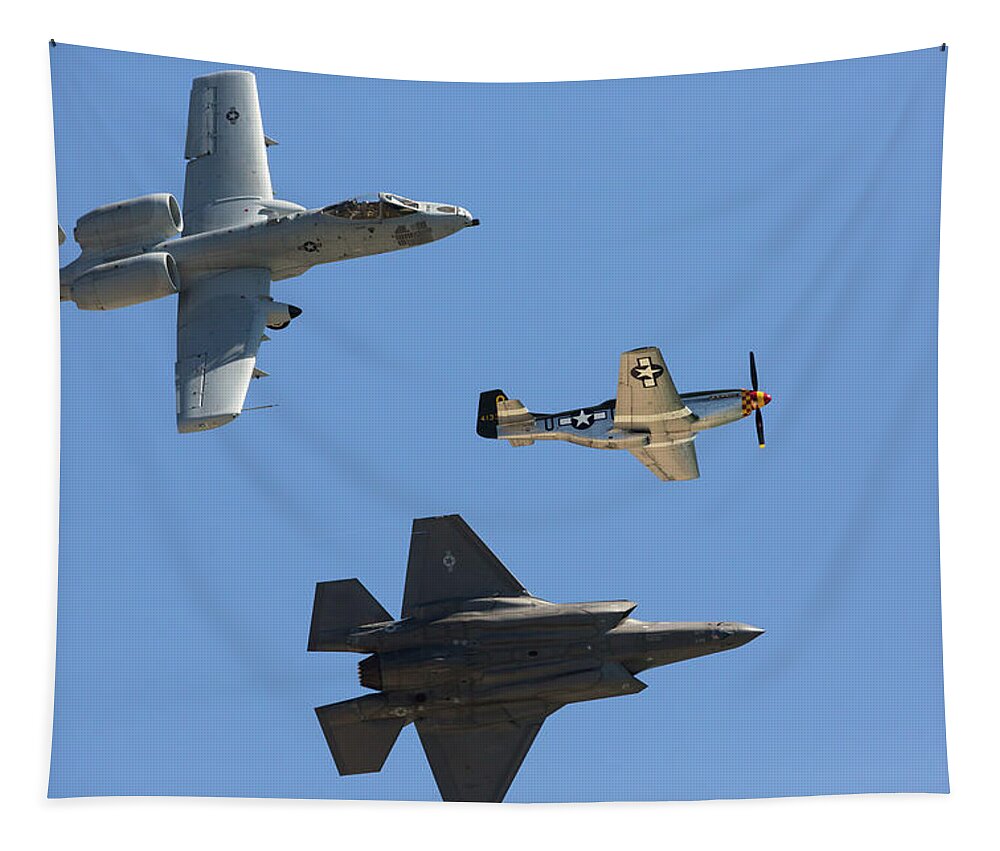 A-10 Tapestry featuring the photograph A-10 P-51 F-35 Heritage Flight by John Daly