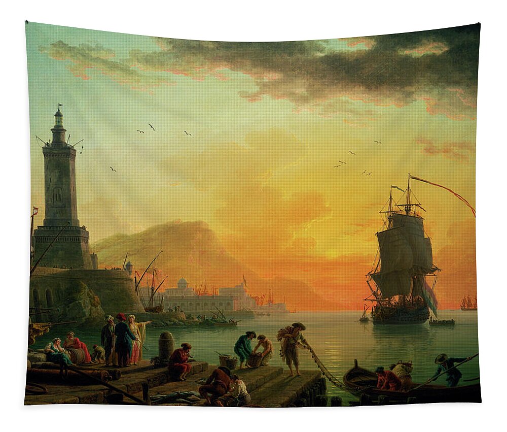 A Calm At A Mediterranean Port Tapestry featuring the painting A Calm at a Mediterranean Port by Claude Joseph Vernet by Rolando Burbon
