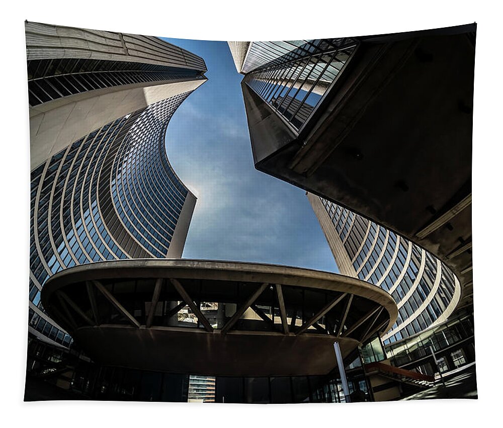 Toronto Tapestry featuring the photograph A fisheye view of the Toronto City Hall building by Sven Brogren