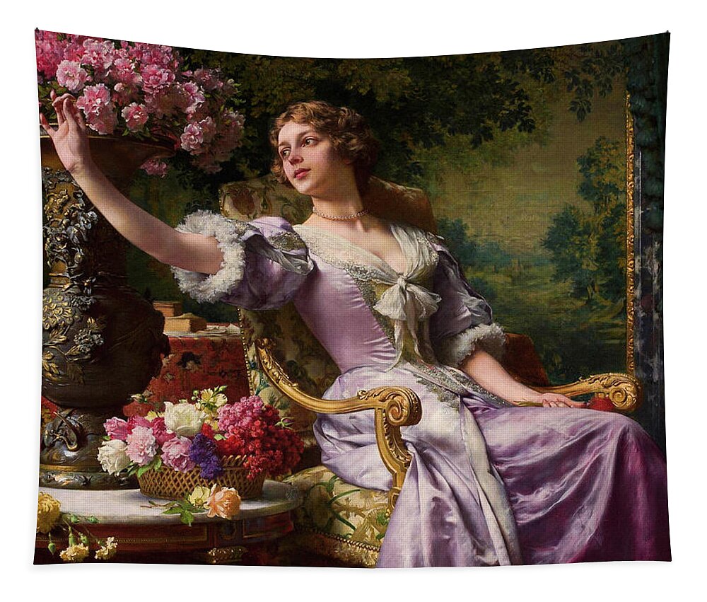 Lady In A Lilac Dress Tapestry featuring the painting A Lady In A Lilac Dress With Flowers by Wladyslaw Czachorski by Rolando Burbon