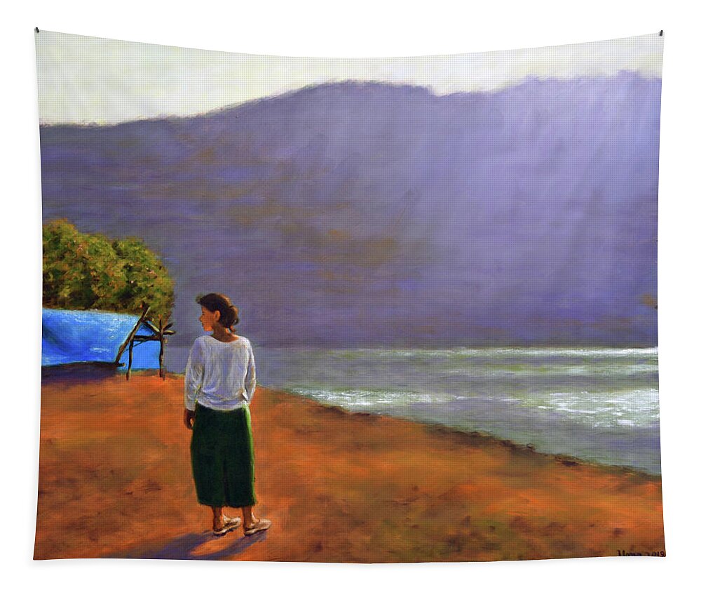 A Lake In Munnar Tapestry featuring the painting A lake in Munnar by Uma Krishnamoorthy