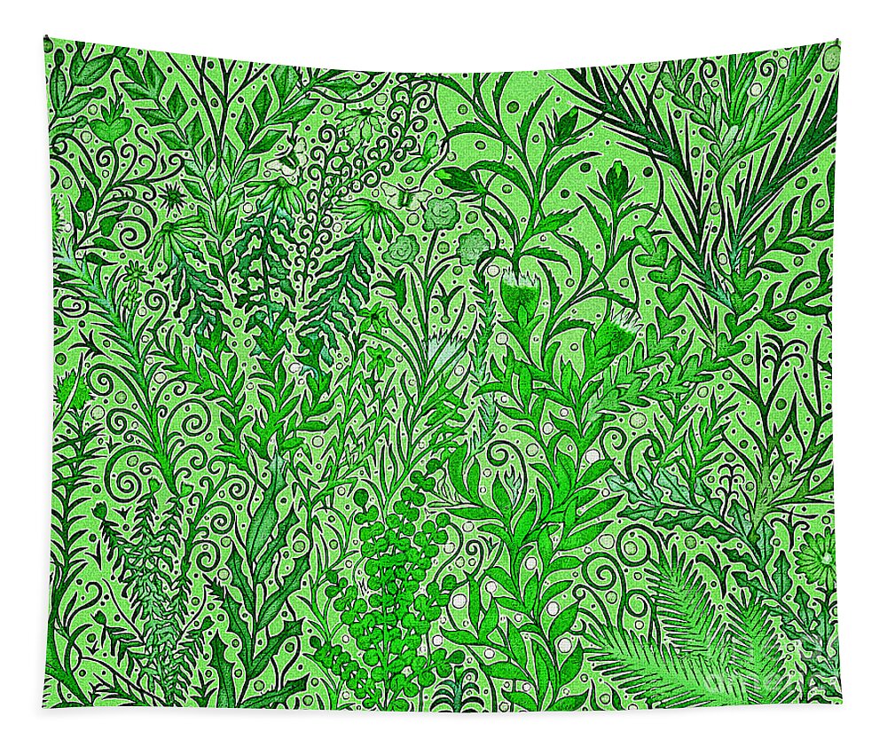 Garden Tapestry featuring the mixed media A Light Green Chaotic Garden by Lise Winne
