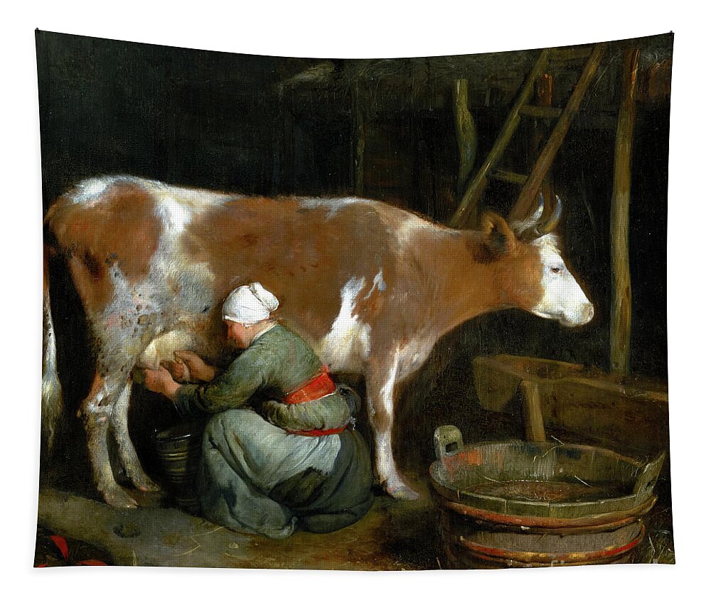 Gerard Ter Borch Tapestry featuring the painting A Maid Milking a Cow in a Barn by Audrey Jeanne Roberts