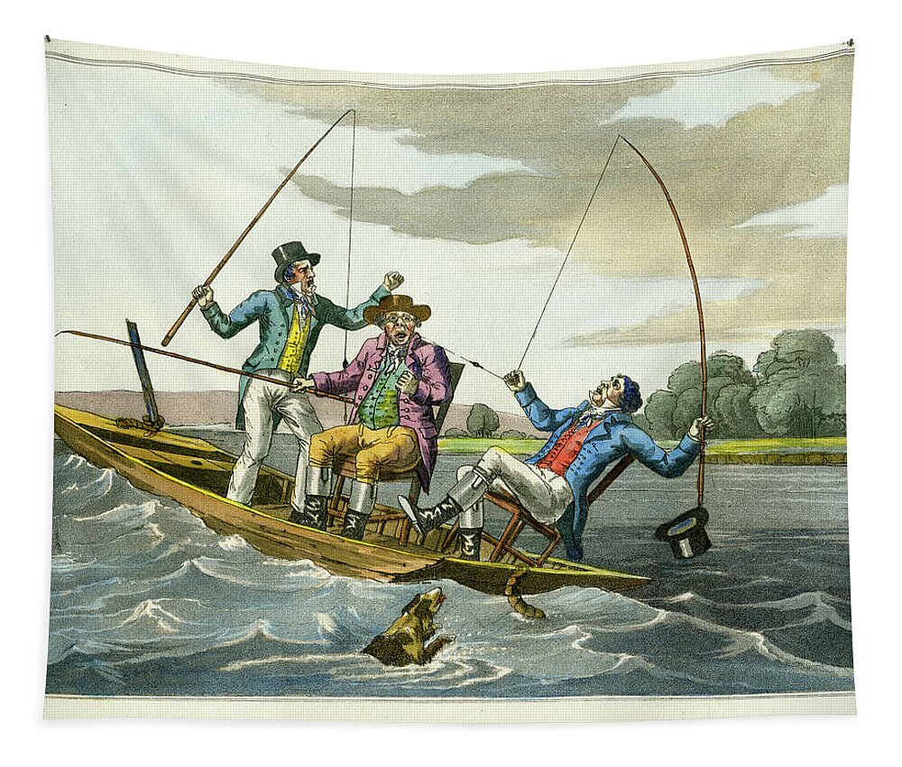 Fishing Tapestry featuring the mixed media A Sharp Bite by unsigned attributed to Edward Barnard