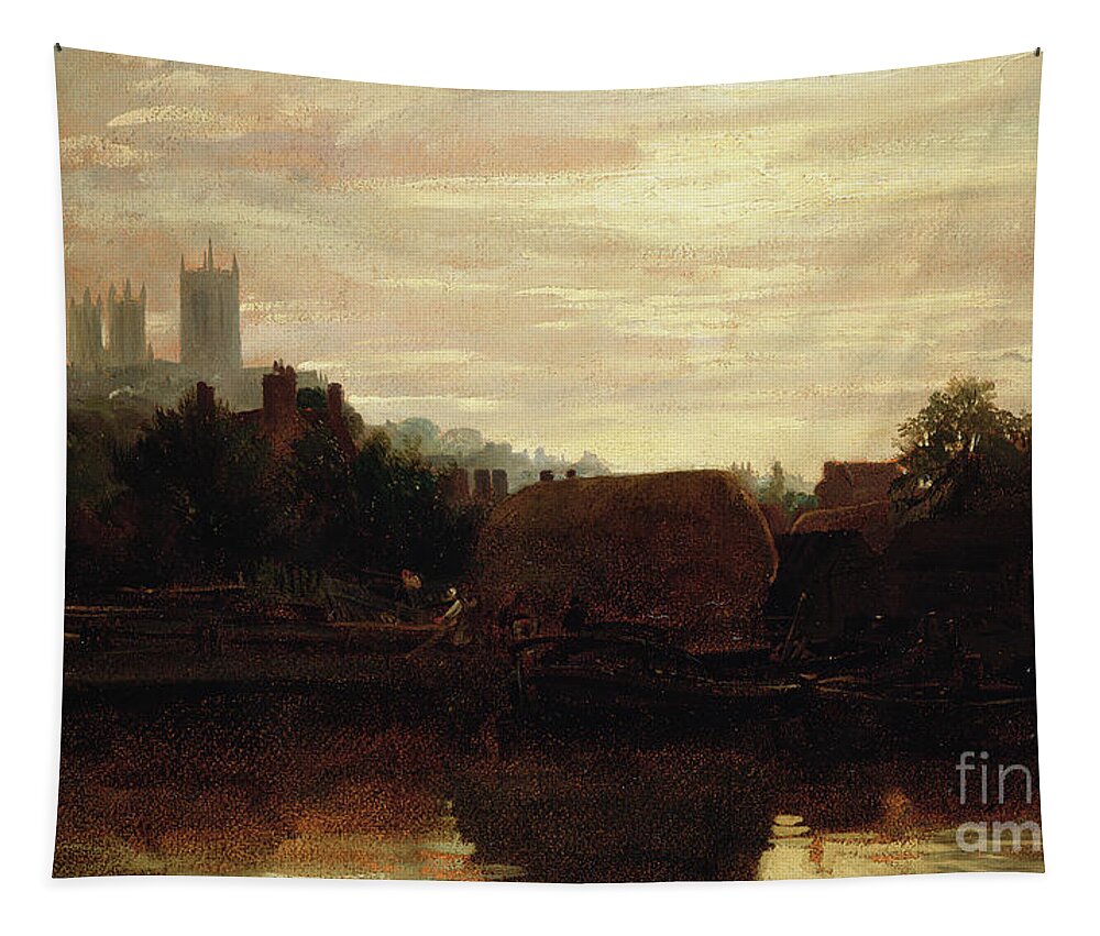 Barge Tapestry featuring the painting A View Of Lincoln From The Foss Dyke, Dawn by Peter De Wint