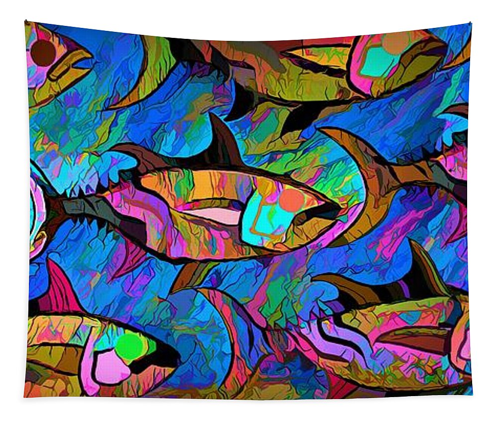 Modern Abstract Art Tapestry featuring the painting A Wall Of Fish by Joan Stratton