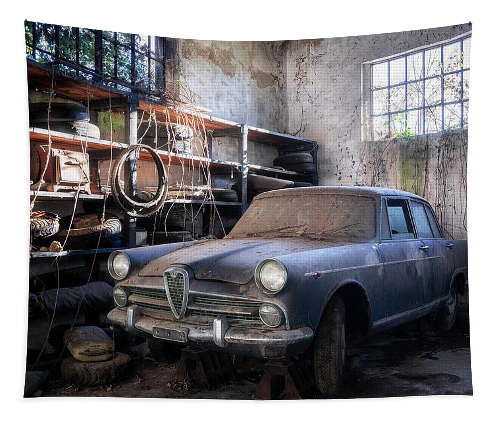 Urban Tapestry featuring the photograph Abandoned Car in Garage by Roman Robroek