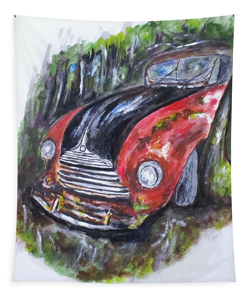 Vintage Cars Tapestry featuring the painting Abandoned in Woods by Clyde J Kell