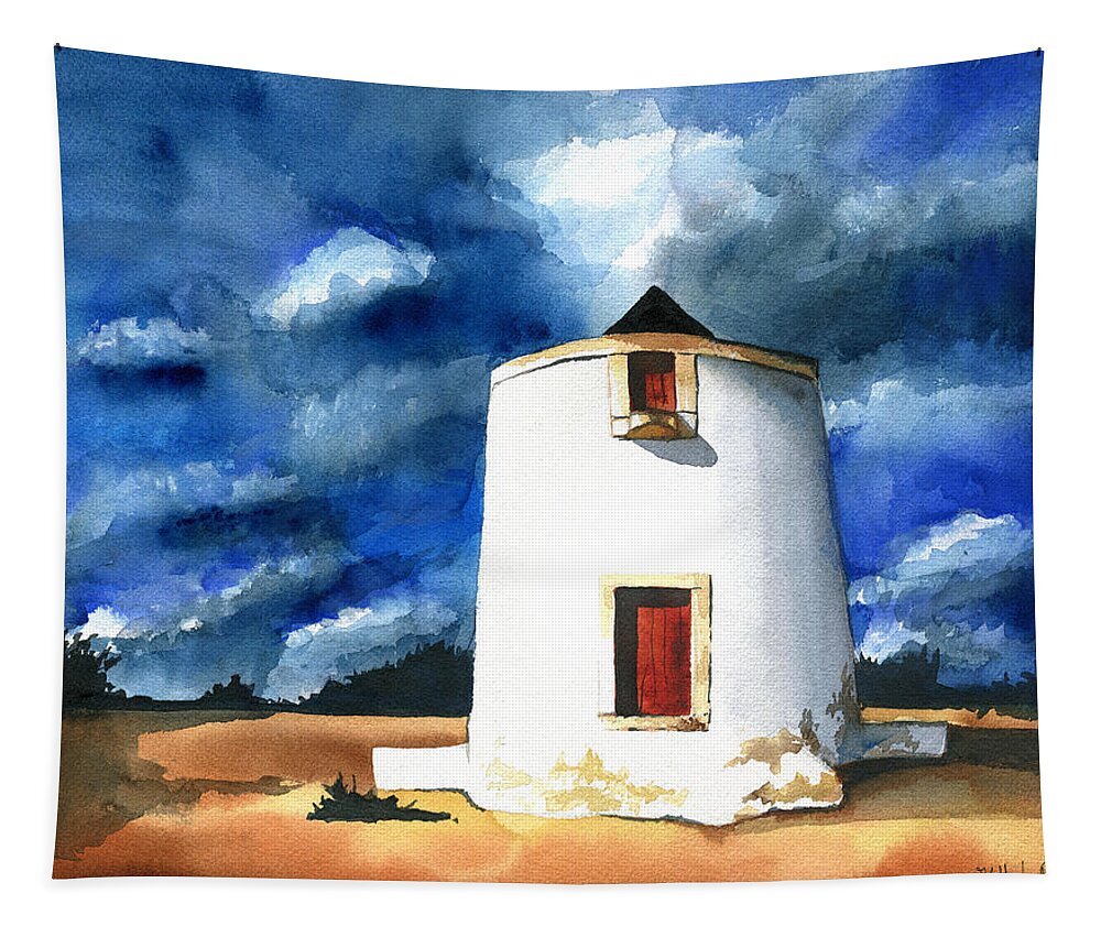 Portugal Tapestry featuring the painting Abandoned Portuguese Windmill by Dora Hathazi Mendes