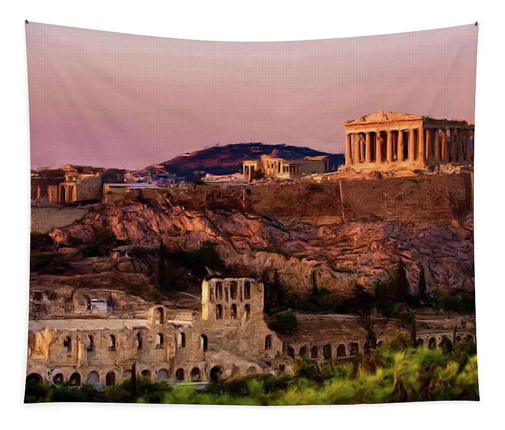 Troy Caperton Tapestry featuring the painting Acropolis at Twilight by Troy Caperton